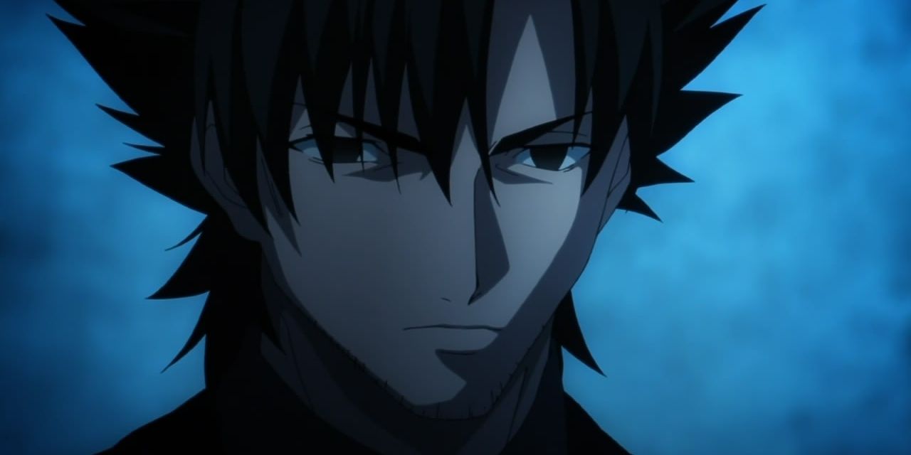 Kiritsugu Emiya staring with a grim expression on his face in Fate/Zero