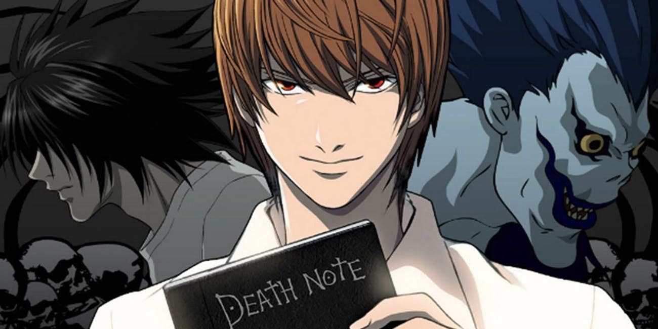 A confident Light is holding the Death Note, while L and Ryuk stand behind him (Death Note)