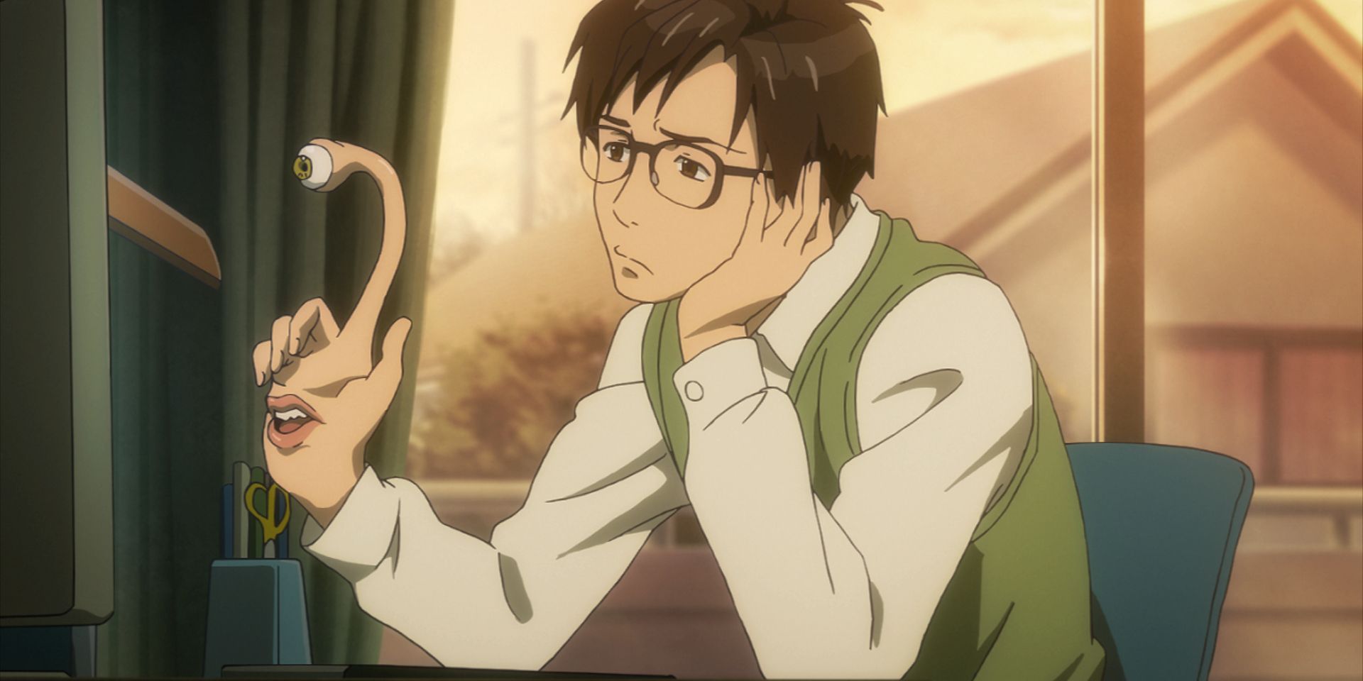 Shinichi is sitting at his desk and staring at Migi controlling his hand (Parasyte)