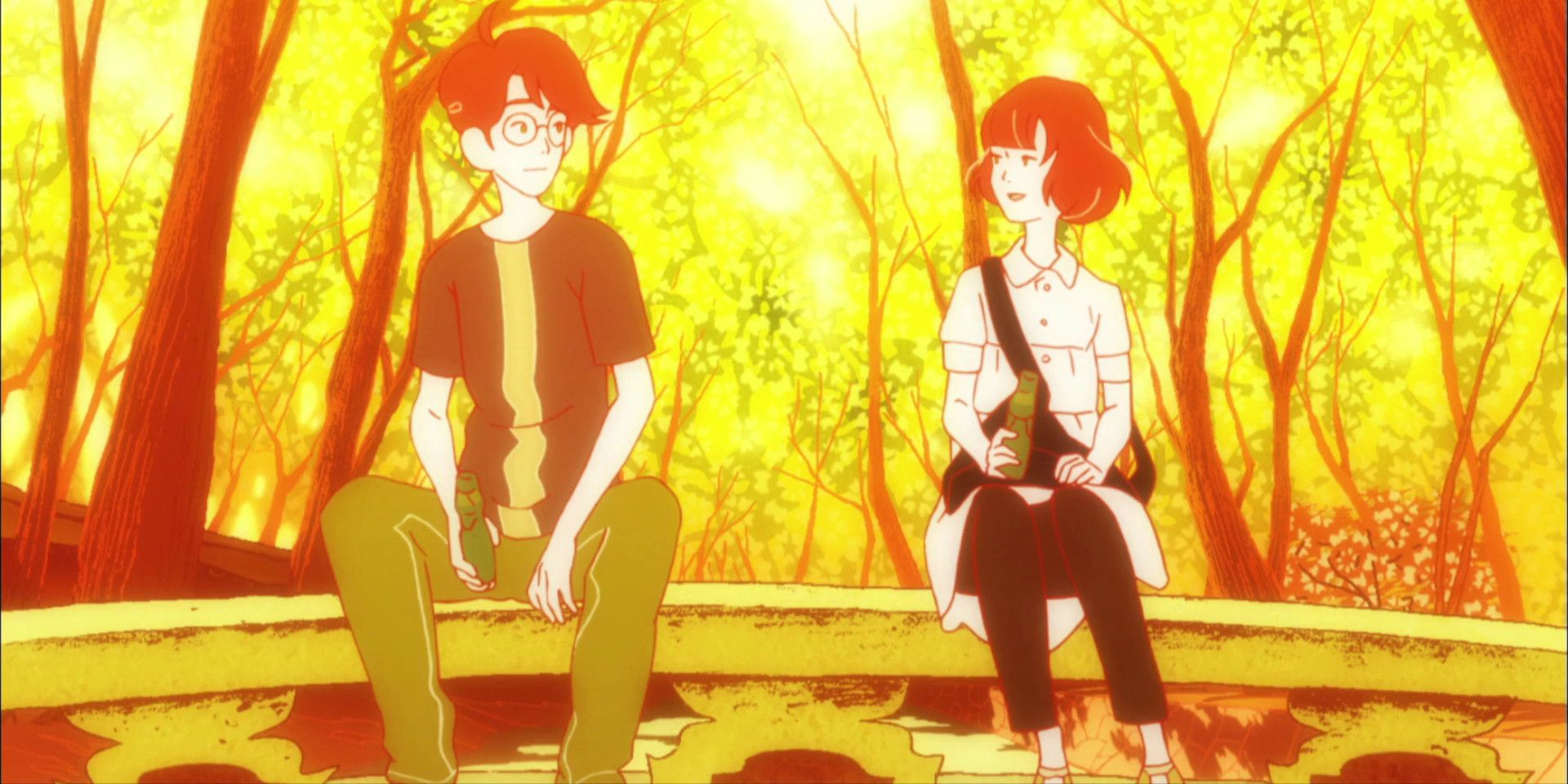 "Watashi" and Akashi sitting on a bridge and talking (The Tatami Galaxy)
