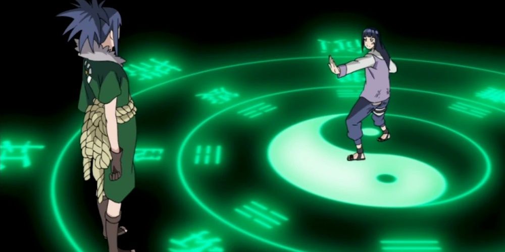 Hinata uses Eight Trigrams 64 Palm against Guren in Naruto Shippuden.