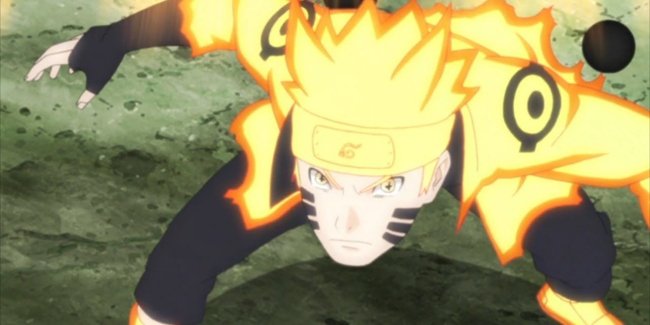 Naruto blends his fox chakra cloak with sage mode while fighting.