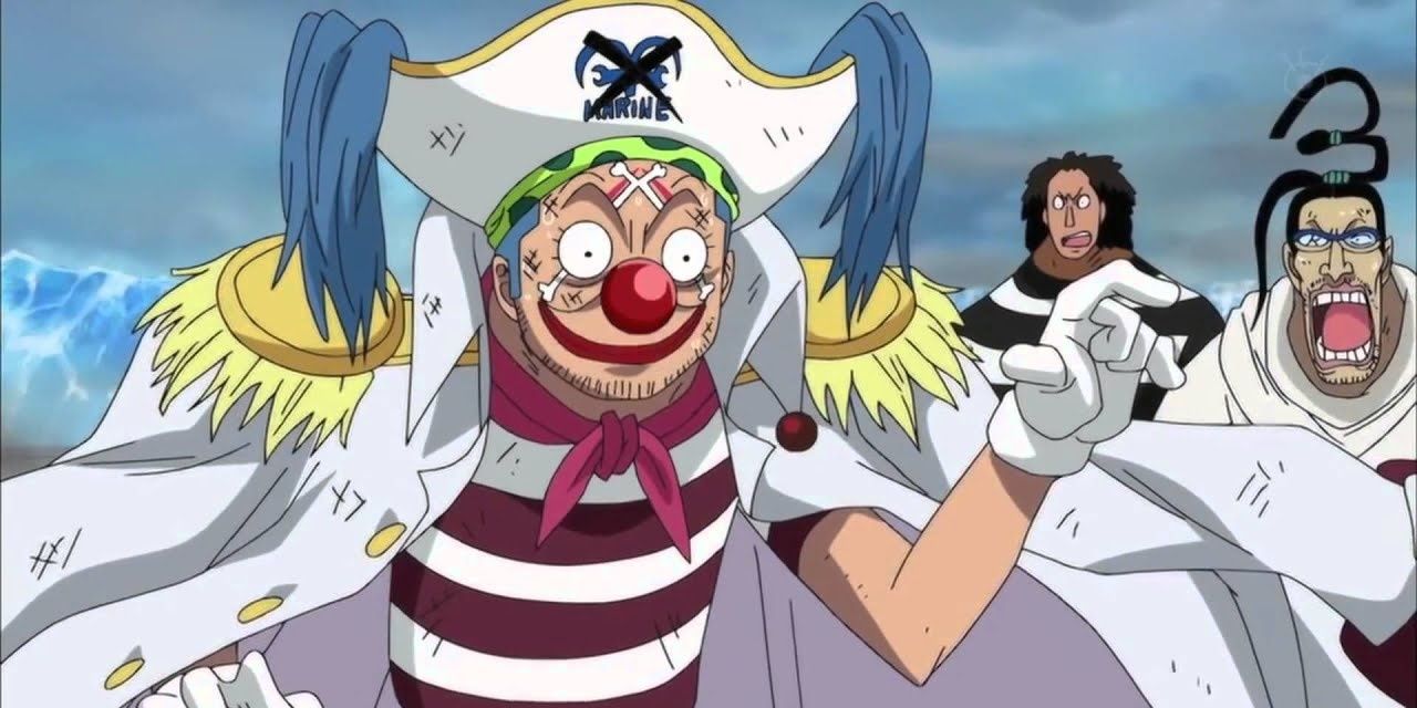Buggy the Clown getting scared at Marineford in the One Piece anime