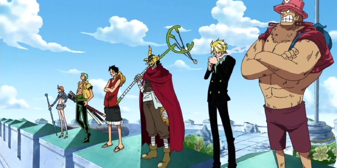 One Piece Straw Hat Pirates standing together during One Piece's Enies Lobby Arc