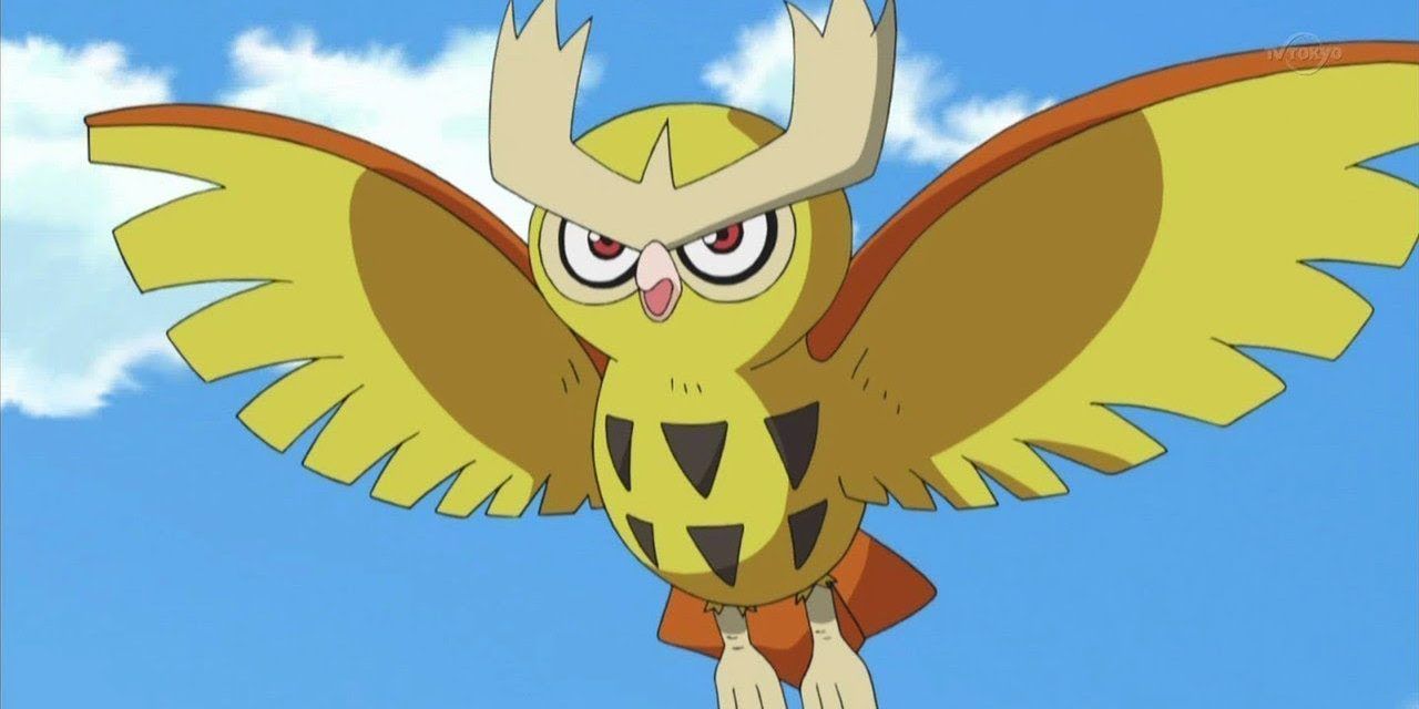 Shiny Noctowl flies in the Pokemon Anime