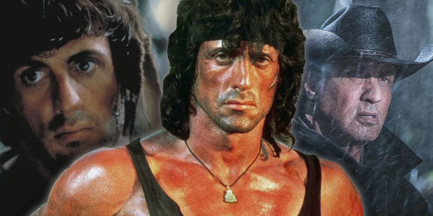Sylvester Stallone's Rambo from First Blood Part II in front of his First Blood and Last Blood versions.
