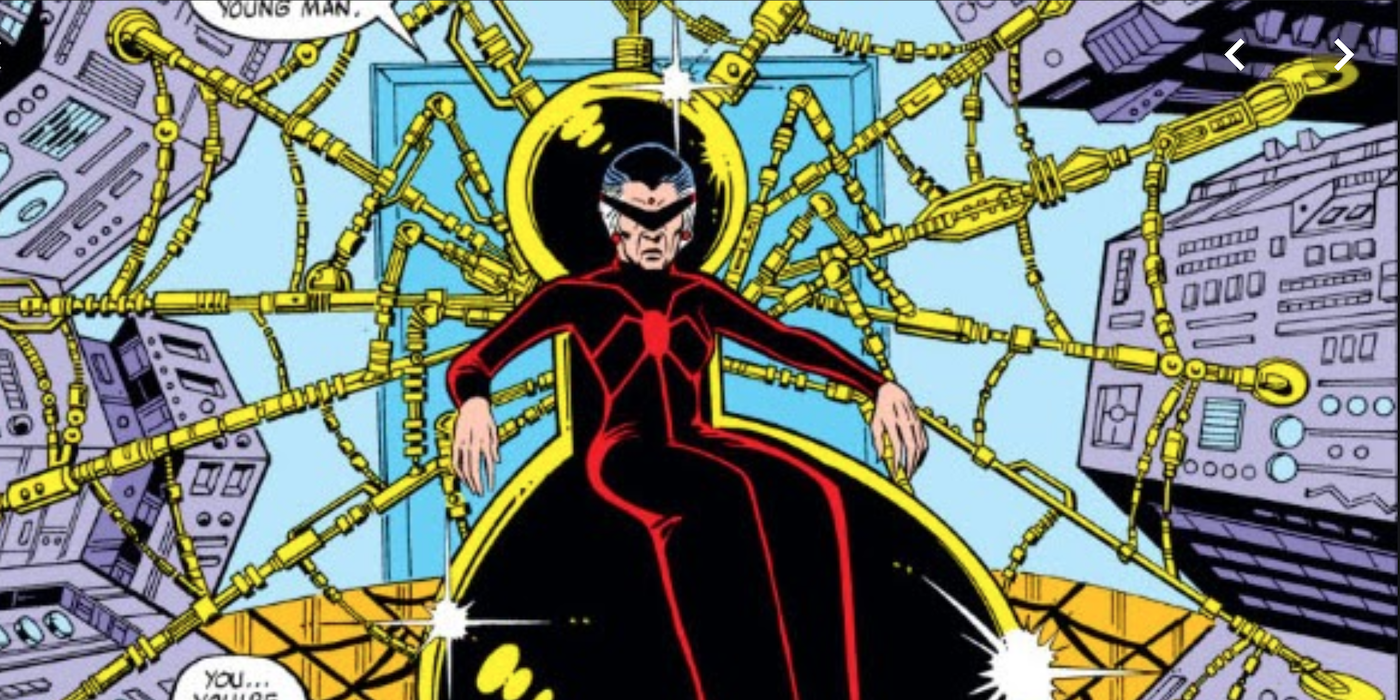 Madame Web surrounded by high tech machinery in Marvel's Spider-Man Comics 
