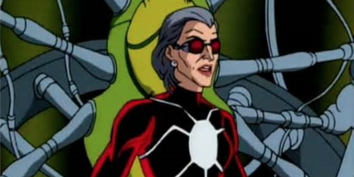 Madame Web speaking to someone offscreen in the cartoon Spider-Man: The Animated Series