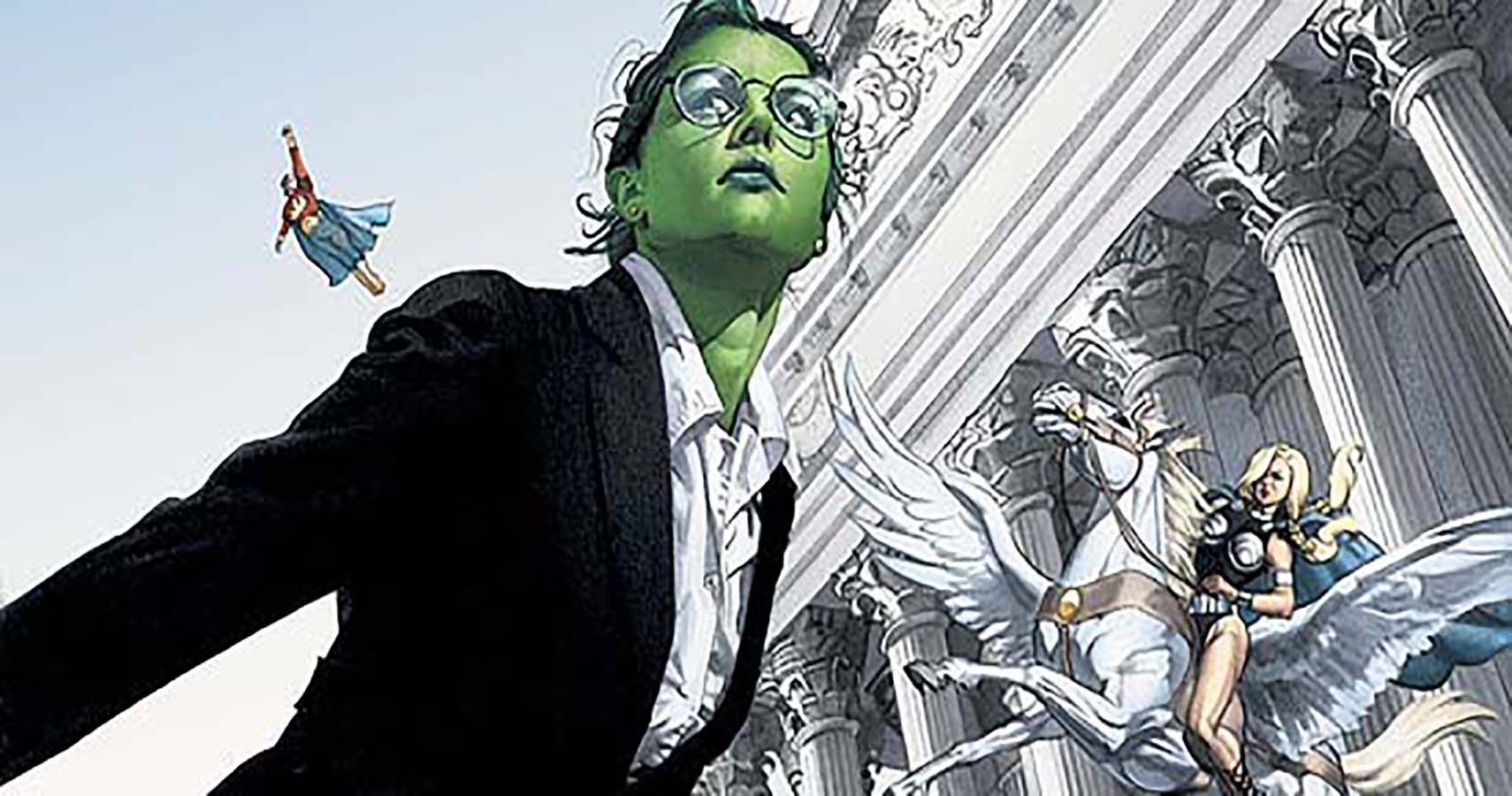 She-Hulk in her lawyer suit standing outside of court in Marvel Comics