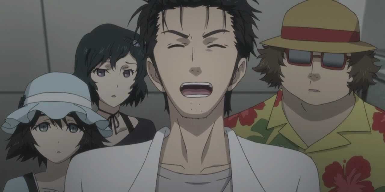 Rintarou Okabe laughing with his friends in steins;gate
