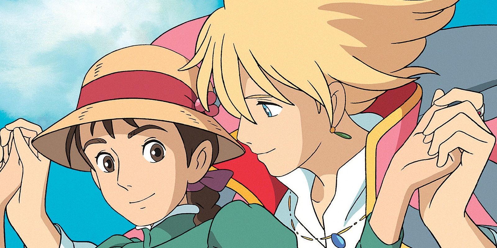 Young Sophie and blonde Howl and holding hands walking through the air from Howl’s Moving Castle.