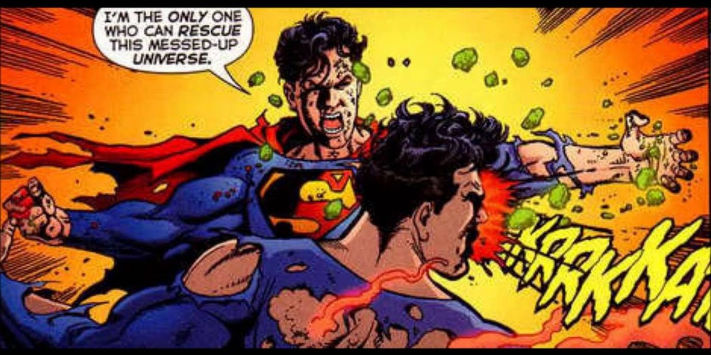Superboy Prime punches Superman with kryptonite