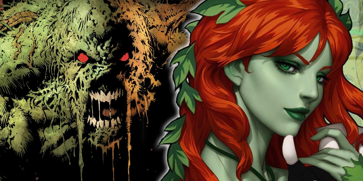 Featured image for an article about the best environmentally themed DC characters; a split image depicts Swamp Thing and Poison Ivy.
