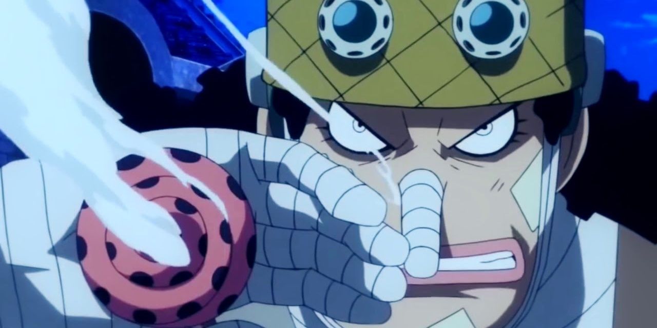 Usopp holds the impact dial he used against Luffy in their fight in One Piece.