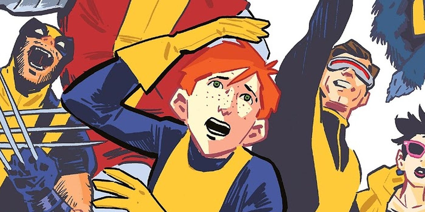 Bailey Hoskins wearing yellow gloves and looking up in Marvel Comics.