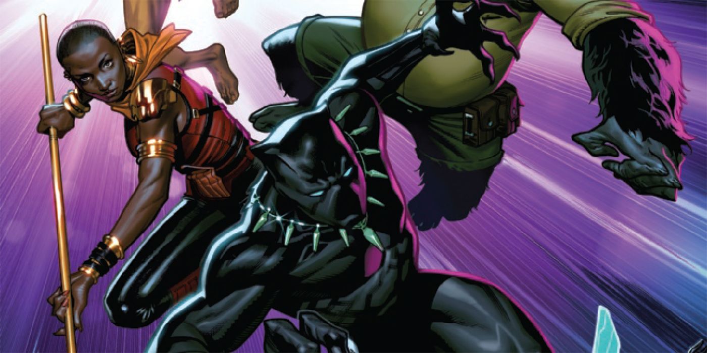 Okoye, Black Panther, and Gorilla-Man attacking in Marvel Comics