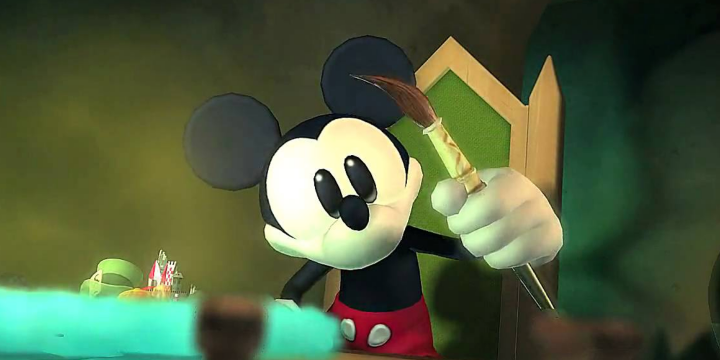 Mickey stares in wonder at Yen Sid's magical brush