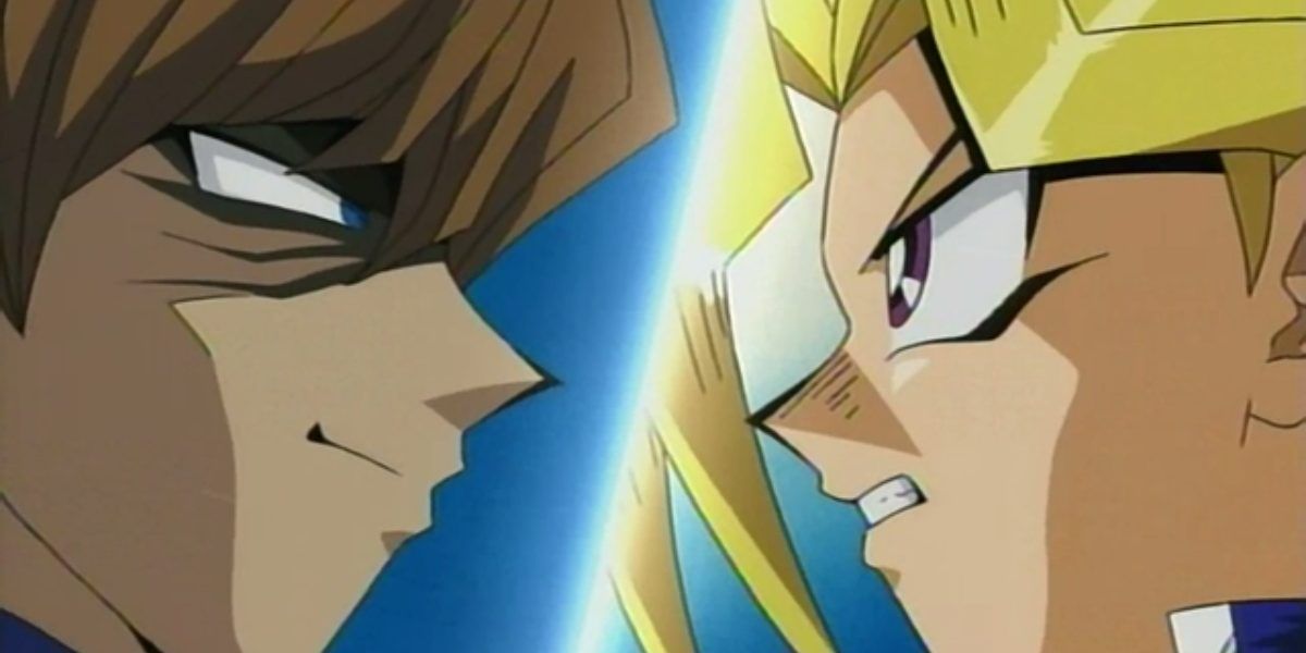 Kaiba and Yugi face each other in a duel in Yu-Gi-Oh!.