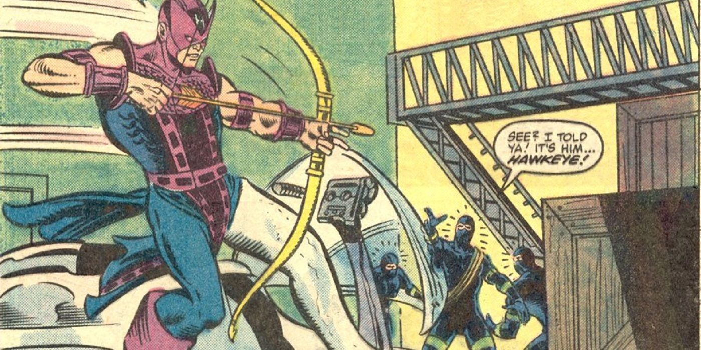 Clint Barton in his purple and blue Hawkeye costume, aims his bow at two bad guys in black, while riding a silver floating cycle vehicle.
