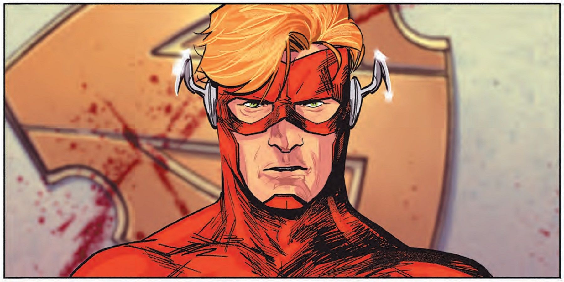 Wally West standing in front of a bloody emblem
