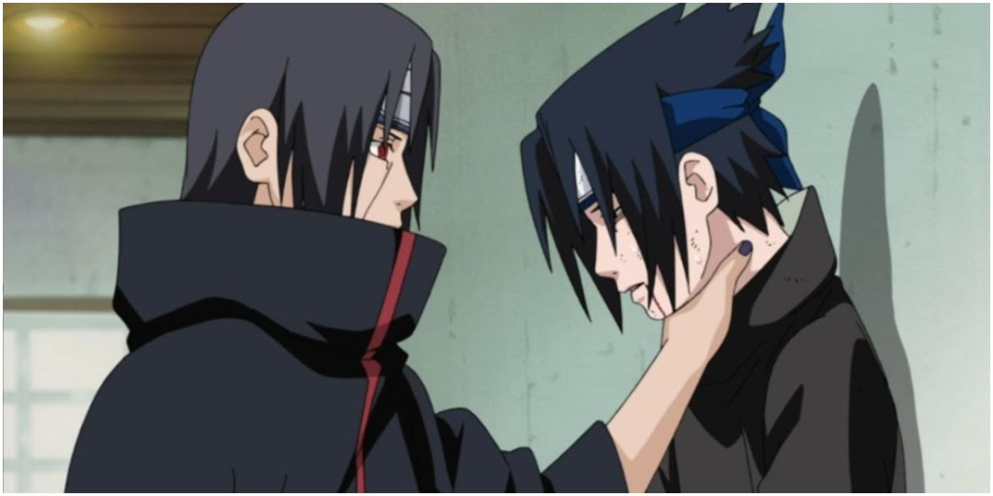 Itachi choking Sasuke in Naruto.