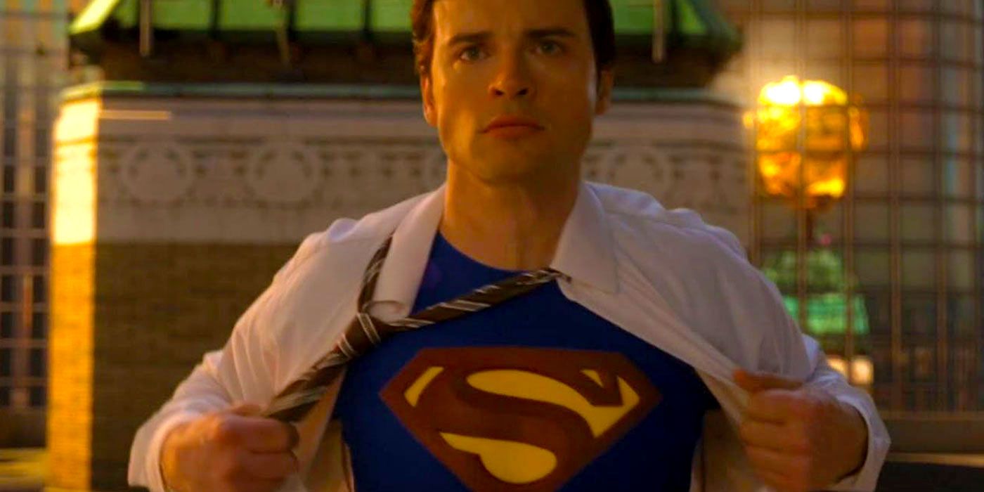 Clark Kent showing off his Superman suit in Smallville.