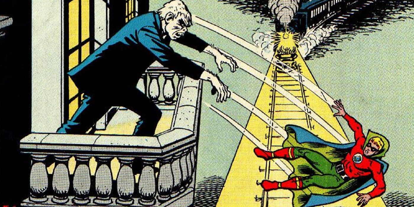 Solomon Grundy throws the Golden Age Green Lantern off a balcony in DC Comics