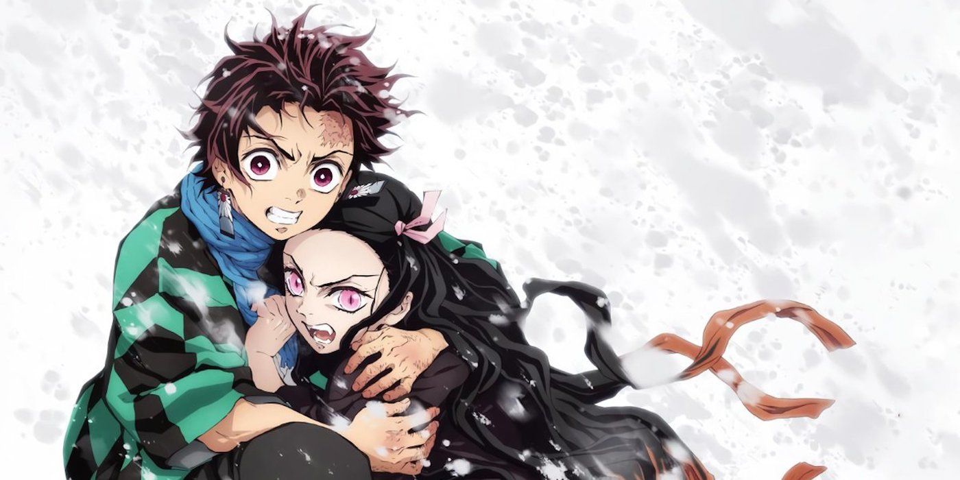 Tanjiro Kamado holding his sister, Nezuko, during the events of the Demon Slayer anime