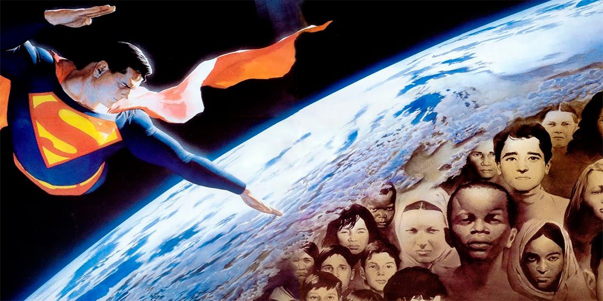 03. SUPES - GOODWILL AMBASSADOR - Peace on Earth Alex Ross Superman Flies with Planet of Faces Below