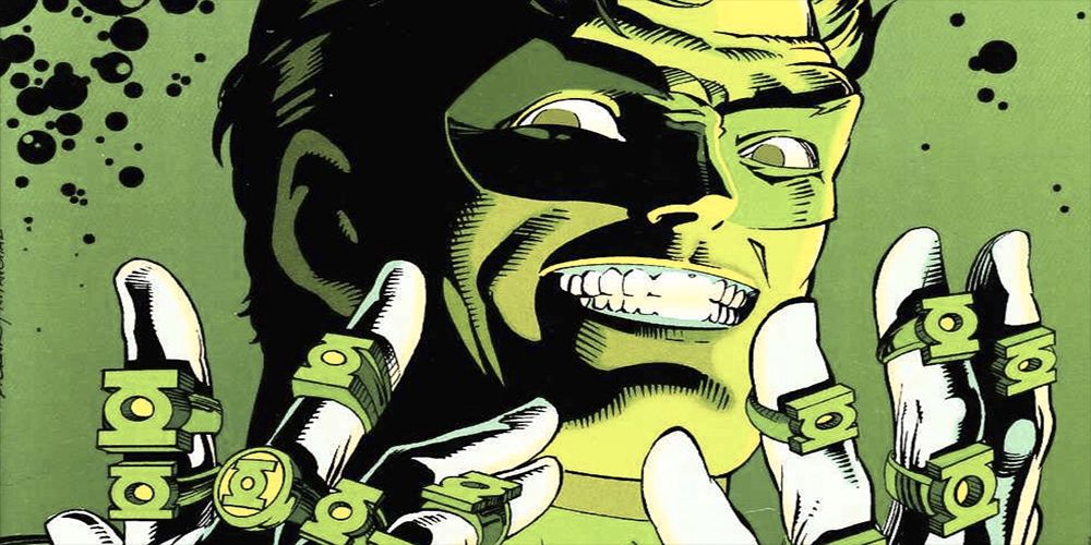green lantern smiling in a sinister fashion with numerous rings on his fingers