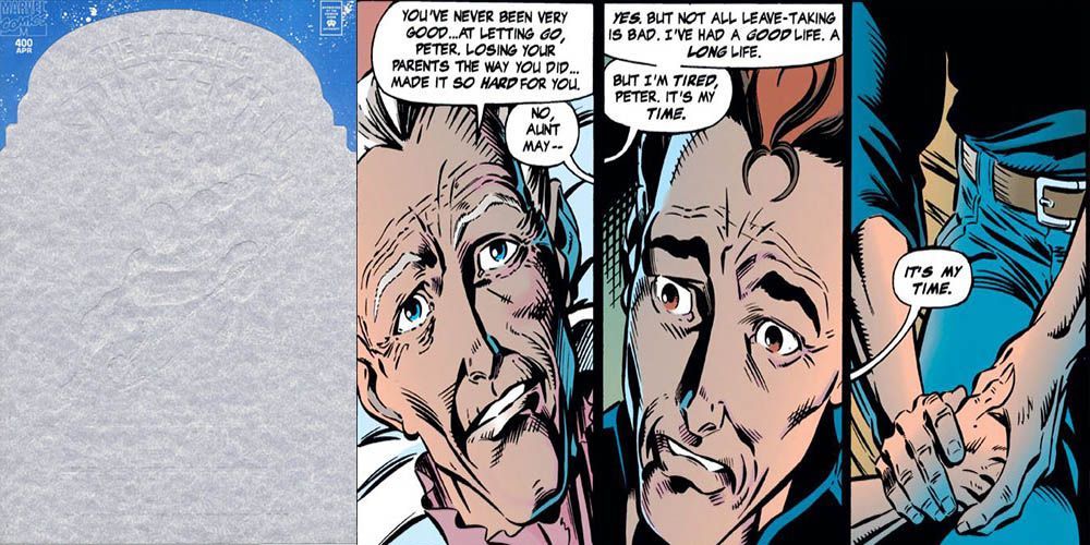 A split image of Amazing Spider-Man #400's infamous blank foil cover and Aunt May dying in Marvel Comics