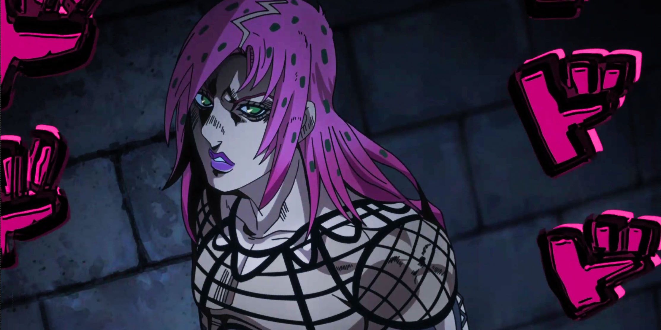 Diavolo with pink hair and a fishnet shirt in JoJo's Bizarre Adventure.