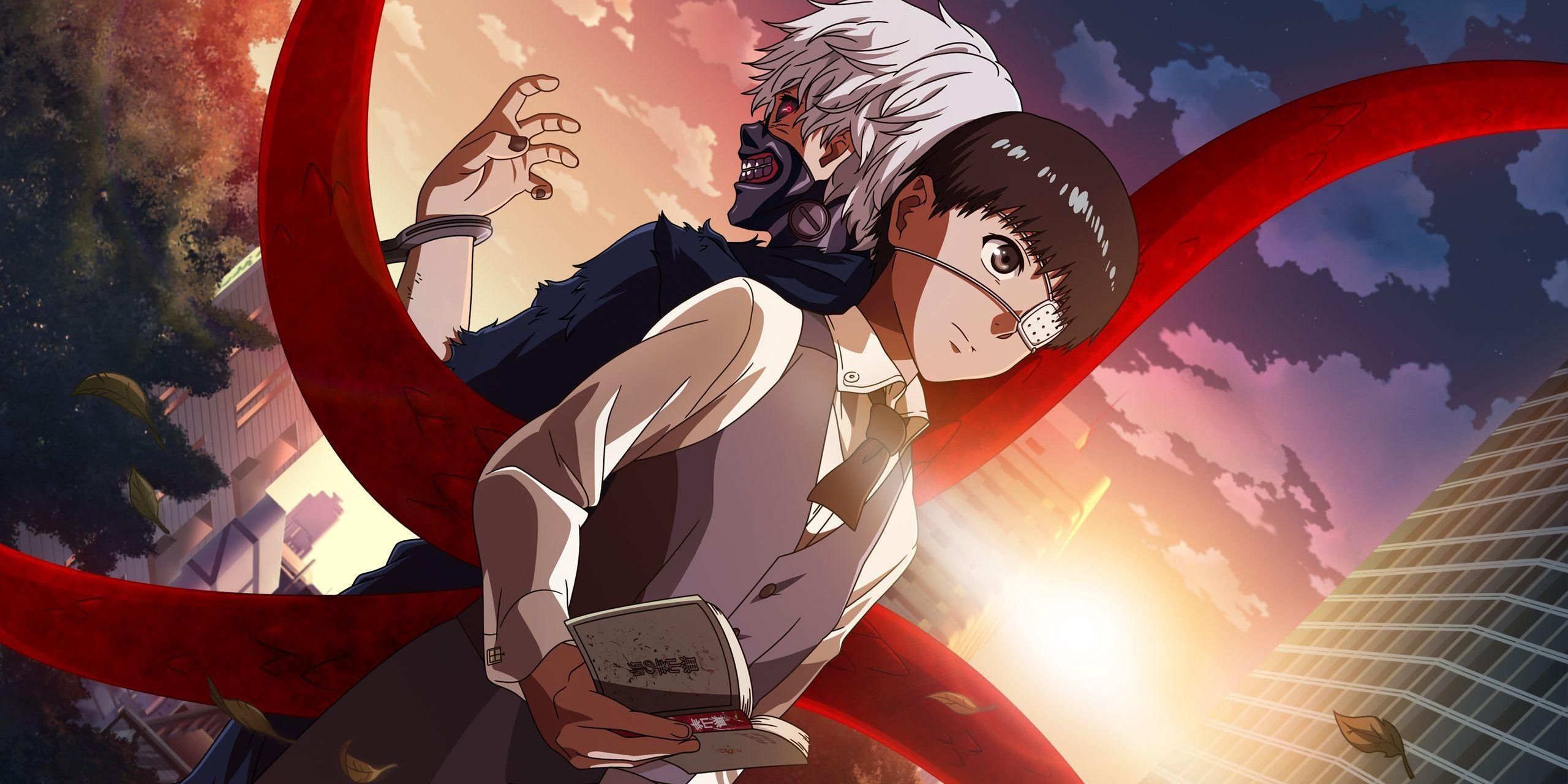 Ken Kaneki's white hair and black hair versions standing back-to-back against a sunset