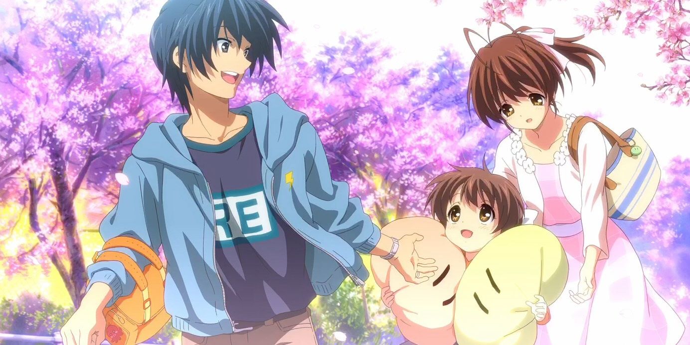 Tomoya, Nagisa, and their daughter running amongst the cherry trees of Clannad.