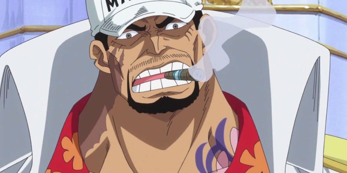 Marine Fleet Admiral Akainu, also known as Sakazuki, smoking a cigar in One Piece