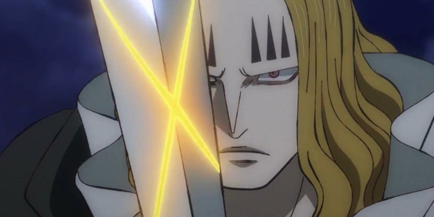 Hawkins wielding his sword with a determined expression in One Piece.