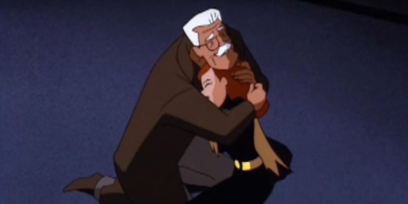 Commissioner Gordon holding Batgirl in "Over The Edge" from Batman: The Animated Series.