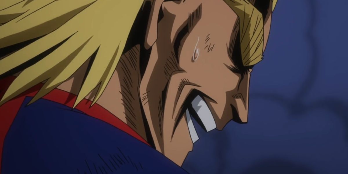 all might smiling and looking backward in my hero academia