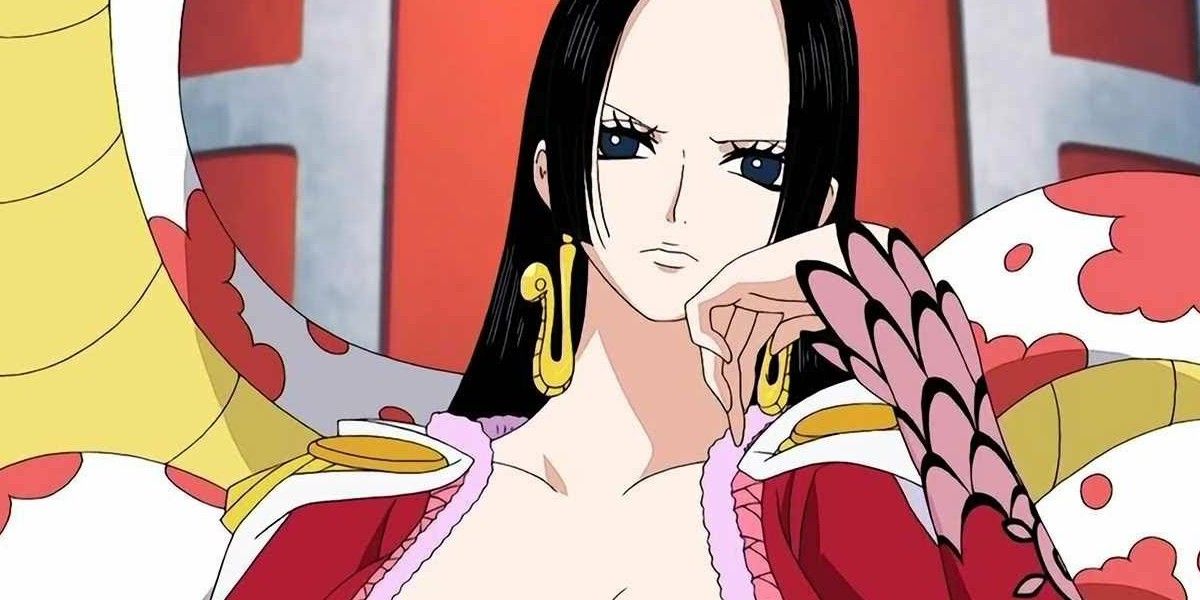 Boa Hancock, the pirate empress of One Piece, frowning with her hand on her chin.