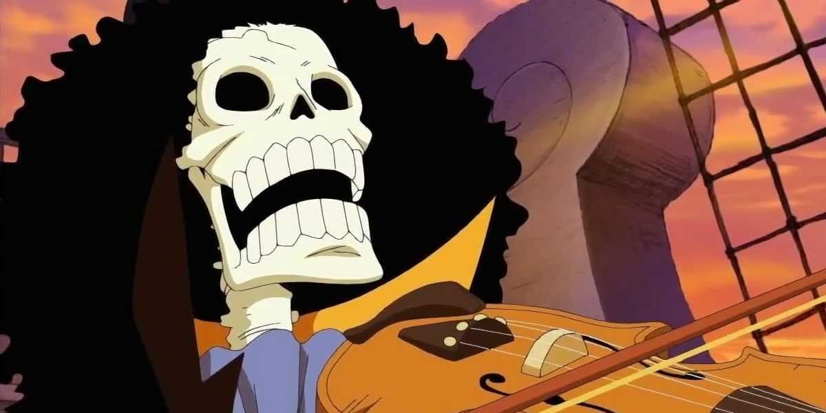 Brook playing a violin during the events of One Piece.