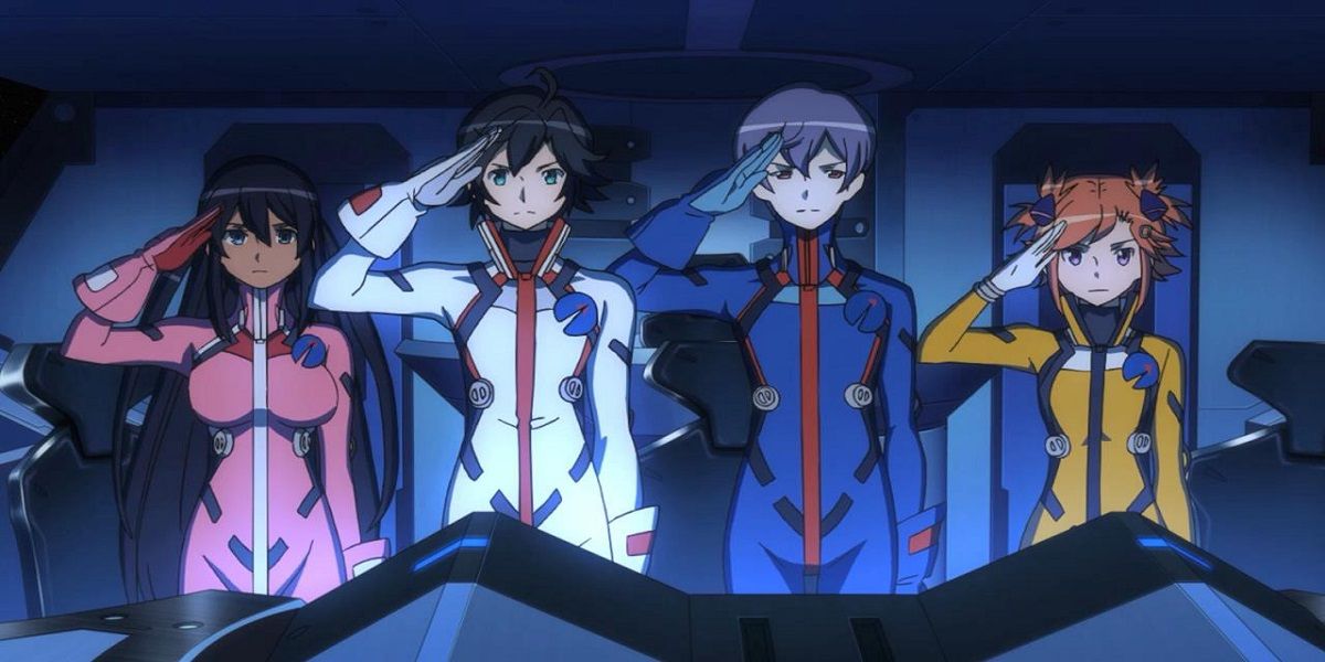 The main characters saluting in Studio Bones' Captain Earth anime