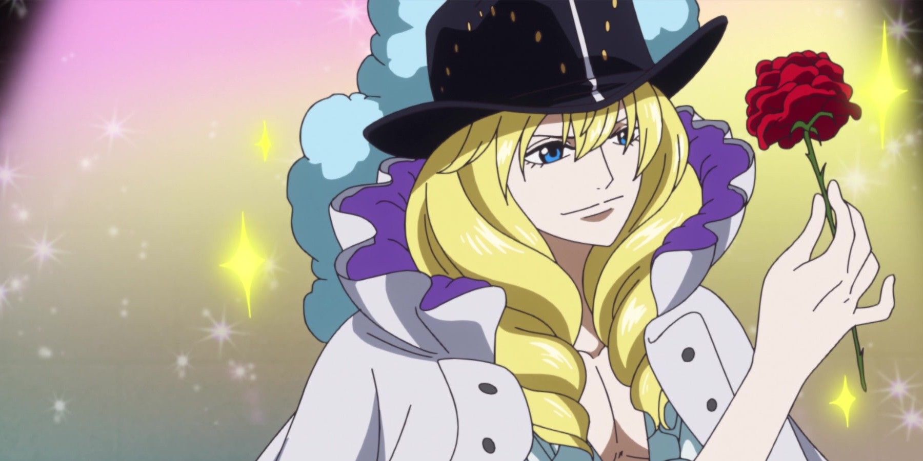 Cavendish holding a rose in front of a sparkly background in One Piece.