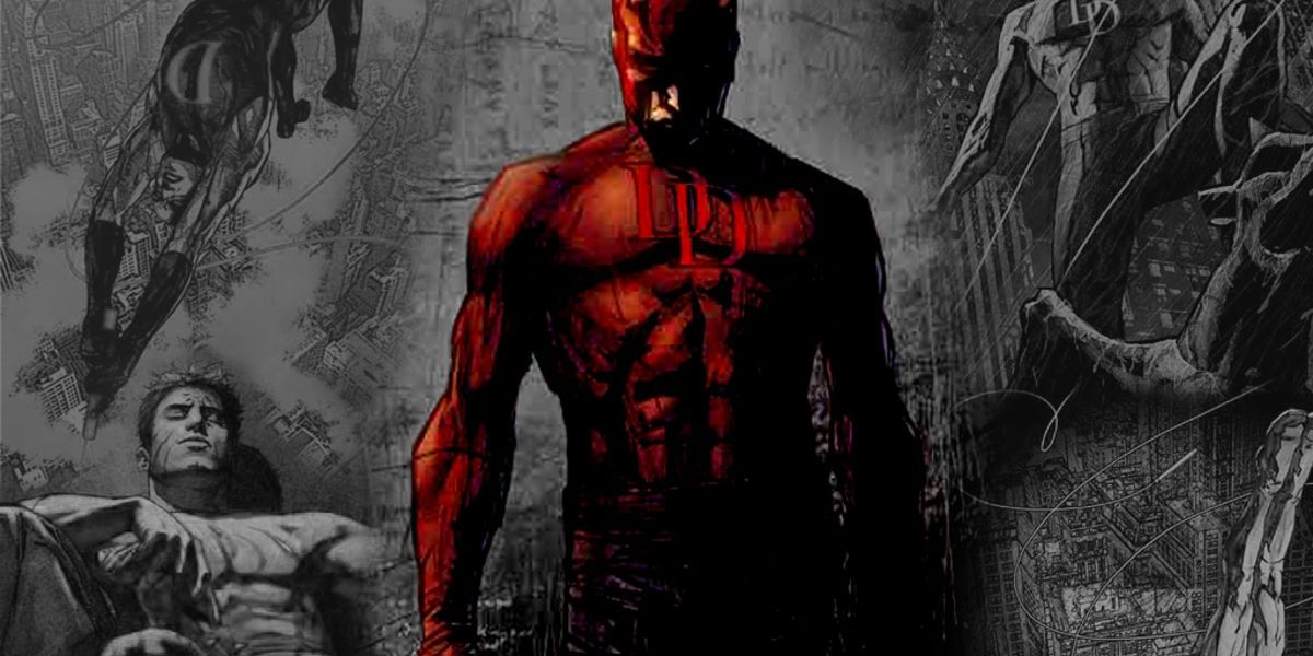 Marvel Comics' Daredevil standing in front of black and white covers of his comics by Alex Maleev