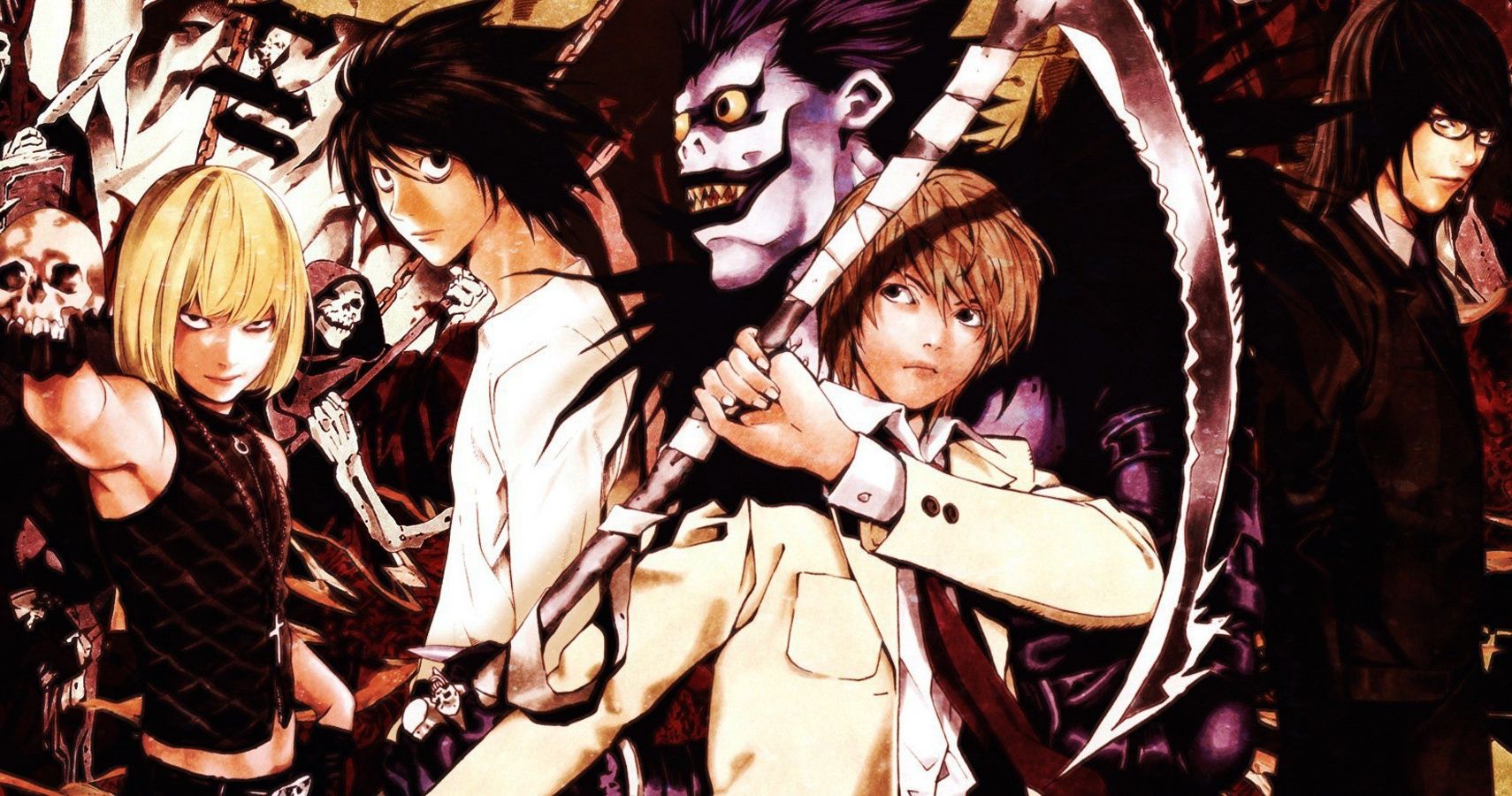 Near, L and Ryuk standing behind Light Yagami wielding a scythe.