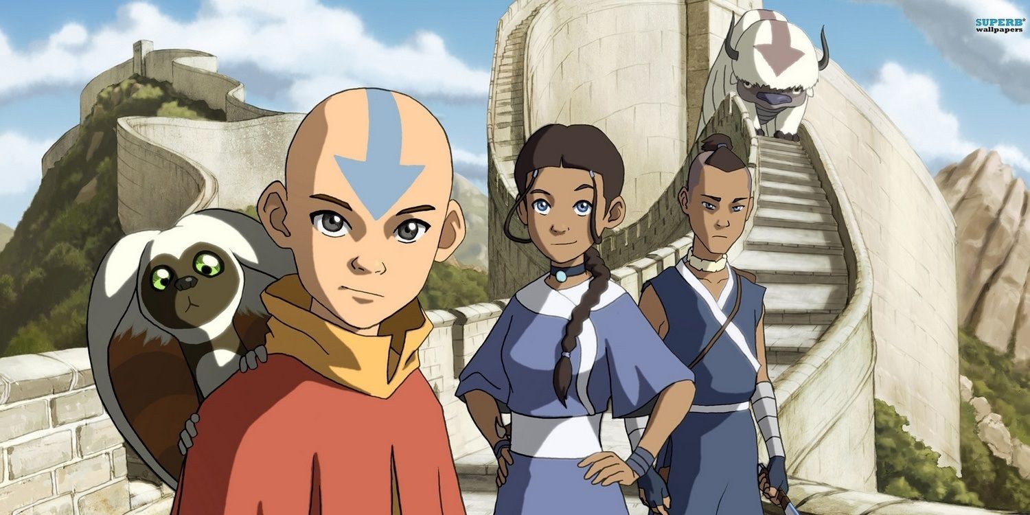 Aang, Katara, and Sokka standing on a large bridge, with Appa and Momo (Avatar: The Last Airbender)