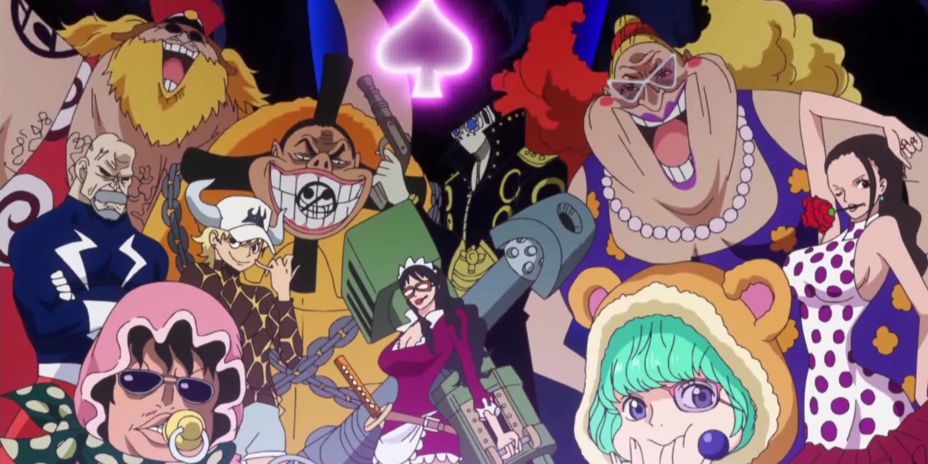 Collage of Donquixote Doflamingo's family in One Piece anime.