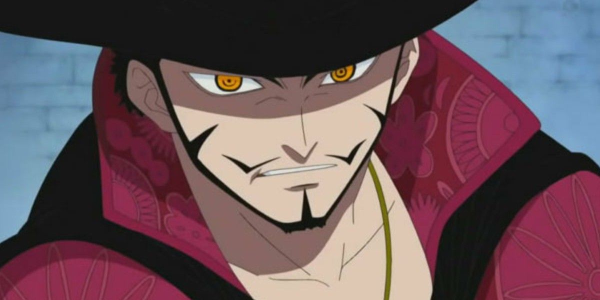 Dracule Mihawk the swordsman, grimacing in One Piece