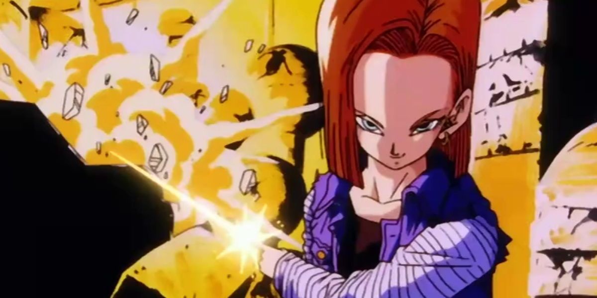 Android 18 destroys a city in Future Trunks' timeline in Dragon Ball