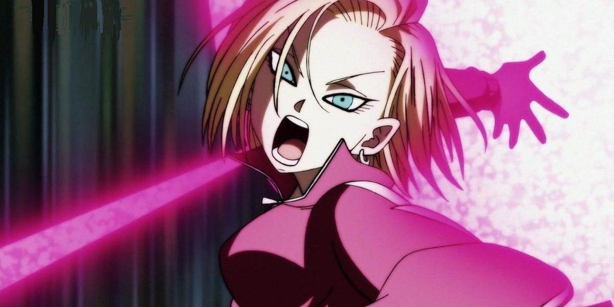 Android 18 powers an Energy Attack in Dragon Ball.