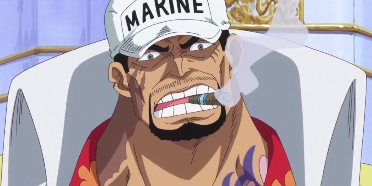 Marine Fleet Admiral Akainu smoking a cigar during One Piece